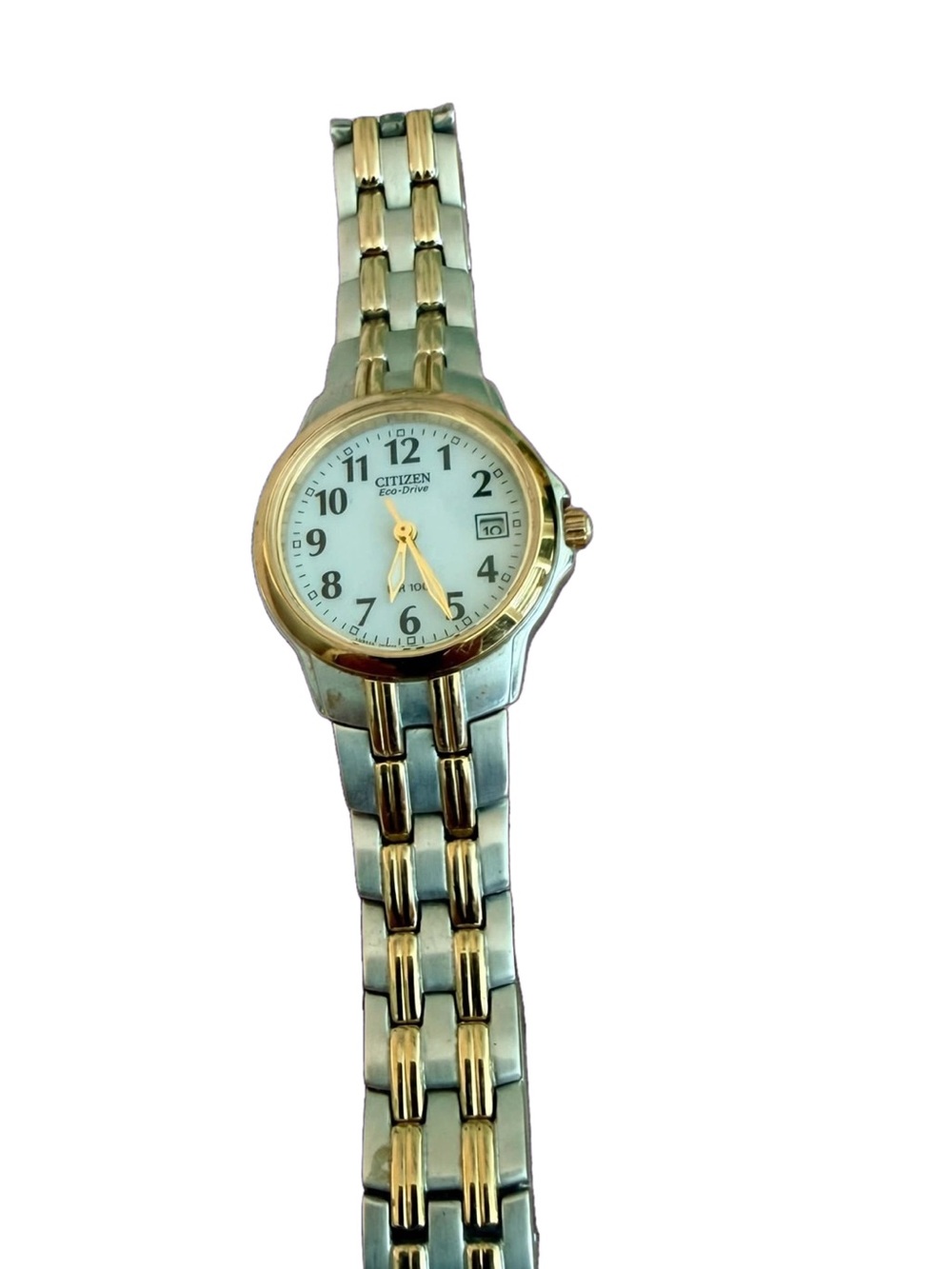 Citizen Eco-Drive Women's Two-Toned Gold Silver Watch. White Date & Face.
